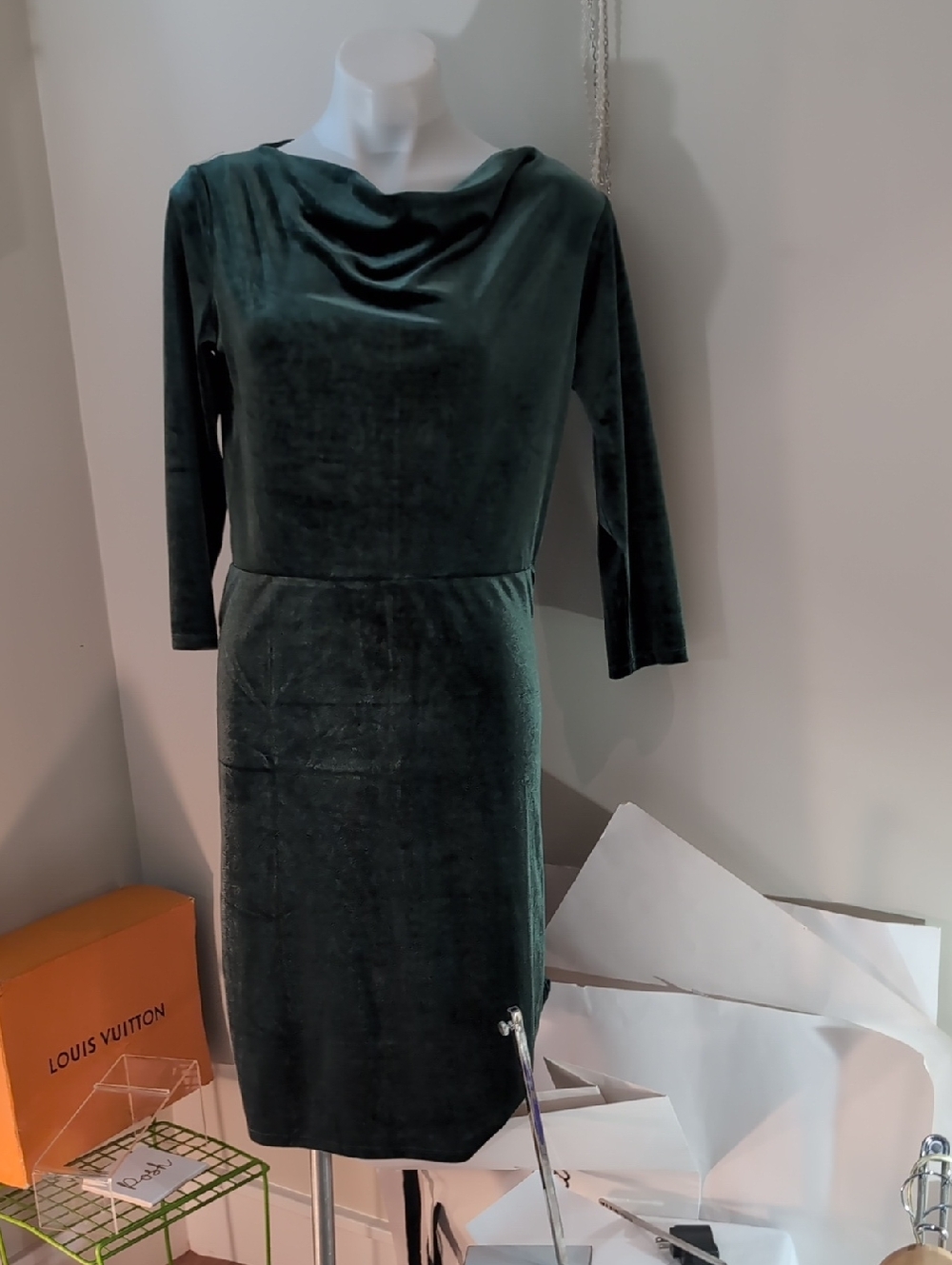 H&M Emerald Green Velvet Cowl-Neck Long Sleeve Dress Medium